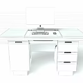 Sturdy Wooden Office Desk With Computer Monitor Keyboard Mouse And Storage Drawers