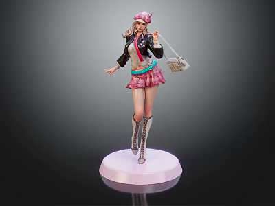 Fashionable Female Character Figurine With Pink Hat Plaid Skirt And Handbag On White Base 3d model