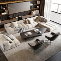 Modern Beige Sofa And Coffee Table Set With Cushions Bookshelves And Floor To Ceiling Windows
