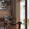 Wooden Leisure Chair With Gray Blanket And Side Table By Window With Natural Light