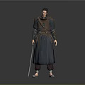 Medieval Fantasy Game Character With Brown Armor Dark Blue Robe And Longsword Standing Pose 3d model