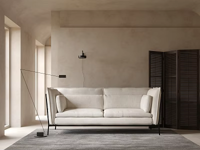 Modern Beige Two Seater Sofa With Floor Lamp Gray Rug And Slatted Doors 3d model