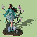 Anime Figurine in Green White Traditional Outfit with Pink Blossom Tree White Fox Water Base 3d model