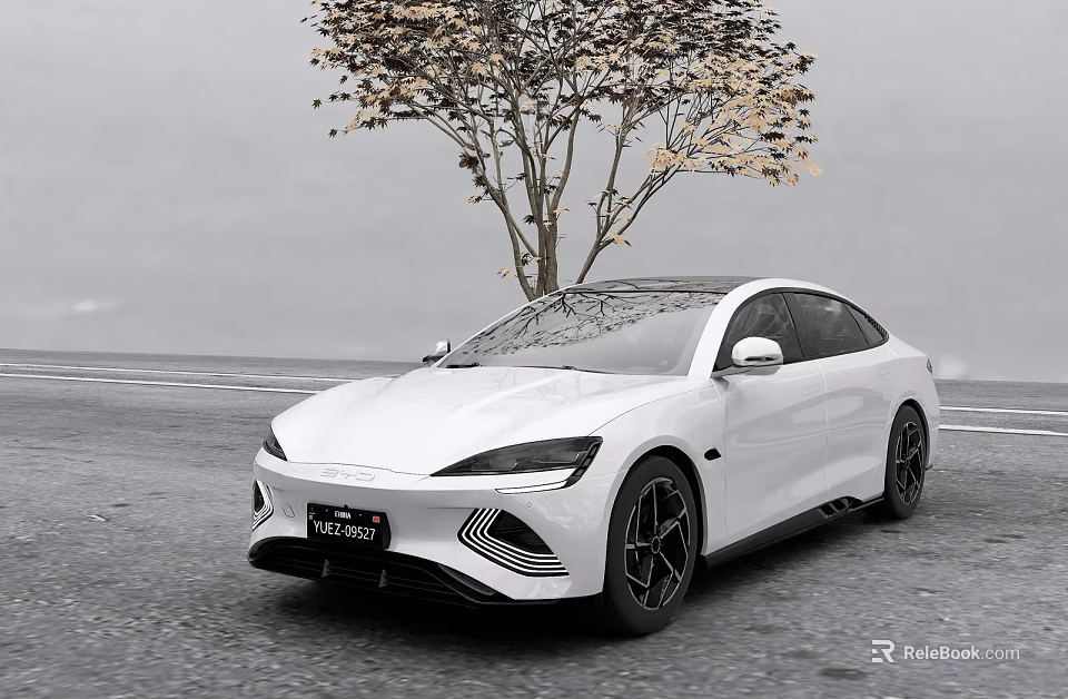 White Modern Sedan With Sleek Aerodynamic Design On Asphalt Road Near Tree Background 3d model 