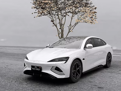 White Modern Sedan With Sleek Aerodynamic Design On Asphalt Road Near Tree Background 3d model