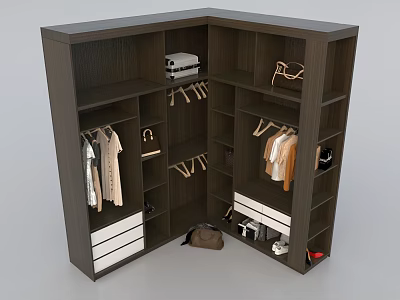 Modern Wooden Corner Wardrobe With Hanging Rods Drawers And Storage Solution 3d model