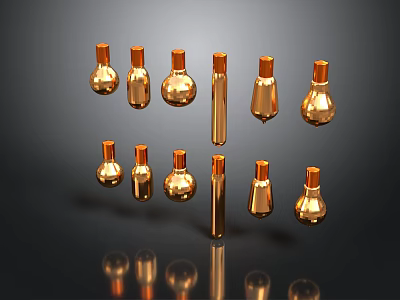 Golden Metallic Bottles in Various Shapes with Reflections on Dark Background 3d model