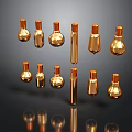 Golden Metallic Bottles in Various Shapes with Reflections on Dark Background