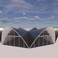 Contemporary Architectural Wireframe Featuring Arched Structures Curved Surfaces And Supporting Framework For Large Building