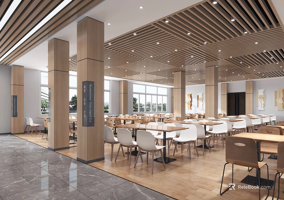 Modern Cafeteria Interior With Spacious Layout Wooden Ceiling And Chairs 3d model
