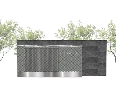 Modern Landscape Feature Wall With Metal Mesh Panel And Stone Cladding Surrounding Trees 3d model