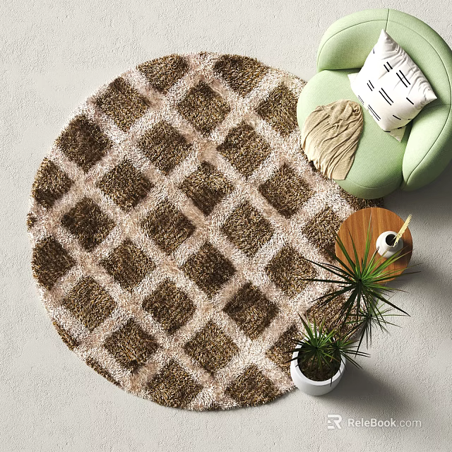 Round Checkered Pattern Brown Beige Rug With Green Chair Plant And Wooden Table 3d model 