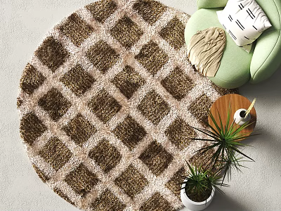 Round Checkered Pattern Brown Beige Rug With Green Chair Plant And Wooden Table 3d model