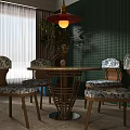 Modern Wooden Dining Table Set With Floral Pattern Chairs Green Wall And Pendant Light
