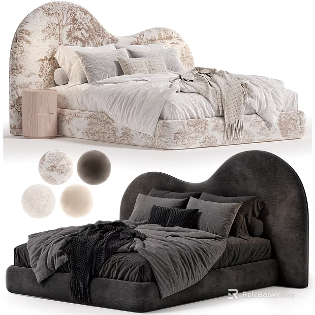 Modern Double Bed Design With Patterned Curved Headboard Pillows And Color Swatches 3d model 