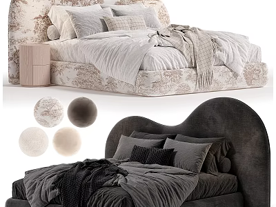 Modern Double Bed Design With Patterned Curved Headboard Pillows And Color Swatches 3d model