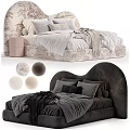 Modern Double Bed Design With Patterned Curved Headboard Pillows And Color Swatches