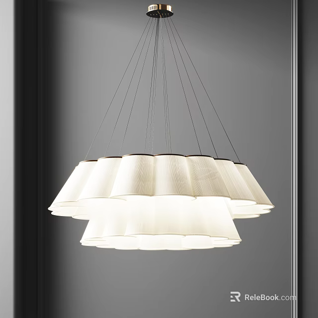 Elegant Modern Chandelier With Multi Layered White Pleated Lampshade In Gray Space 3d model 