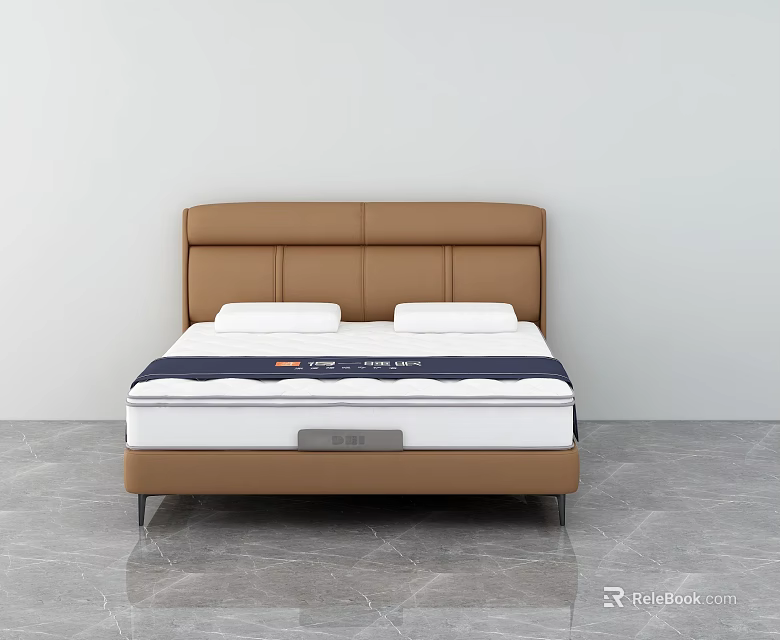 Modern Double Bed With Brown Leather Headboard Black White Mattress And Metal Legs 3d model 