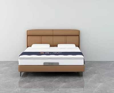 Modern Double Bed With Brown Leather Headboard Black White Mattress And Metal Legs 3d model