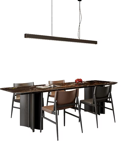 Modern Dining Table Set With Marble Top Brown Black Chairs And Hanging Pendant Light 3d model