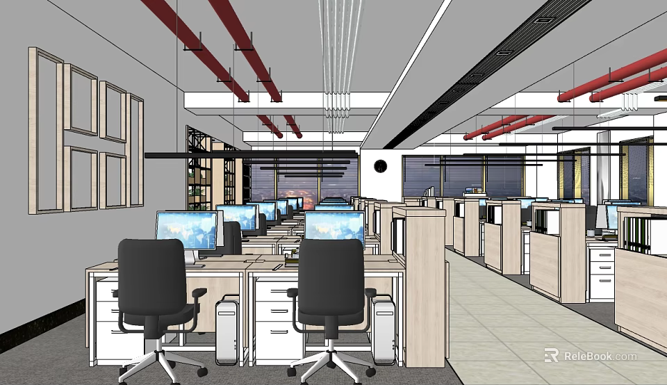 Modern Public Office Space With Workstations Computer Monitors And Black Office Chairs 3d model