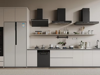 Modern Kitchen Interior With White Cabinets Black Range Hoods And Various Cooking Utensils On Countertop 3d model