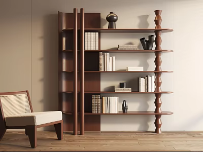 Modern Wooden Storage Shelf with Books Decorative Items and Accent Chair in Living Space 3d model