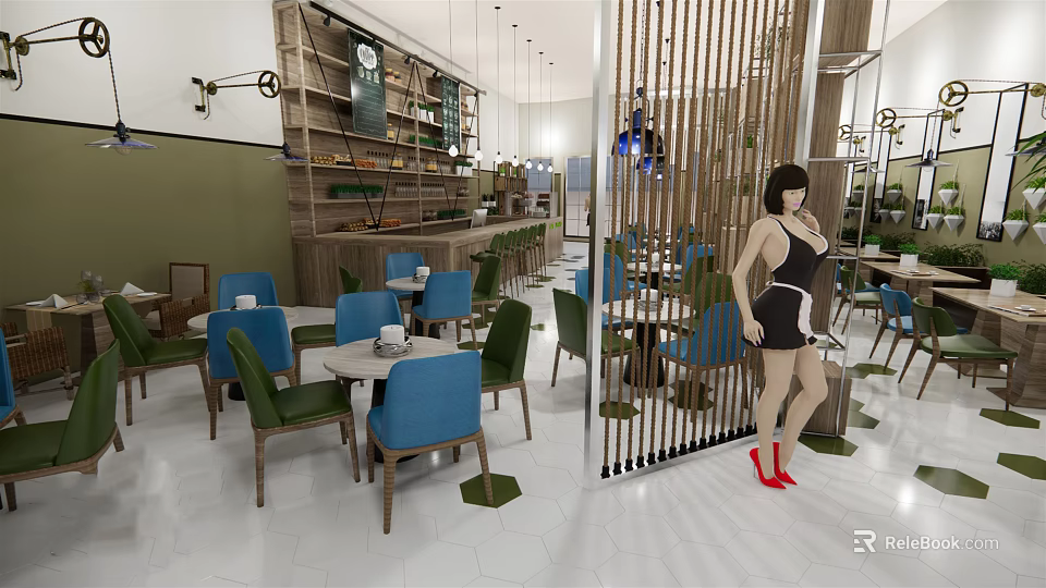 Café Interior Design With Blue Green Chairs Wooden Slat Partition Hanging Lights And Open Space 3d model 
