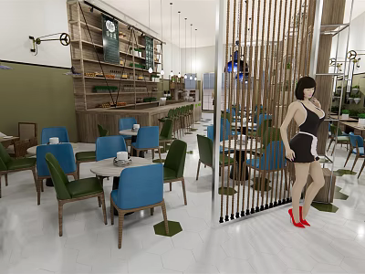 Café Interior Design With Blue Green Chairs Wooden Slat Partition Hanging Lights And Open Space 3d model
