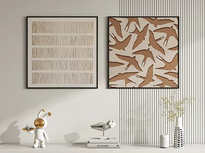 Contemporary Home Decor With Striped Bird Pattern Artworks Figurines Vases And Plants 3d model