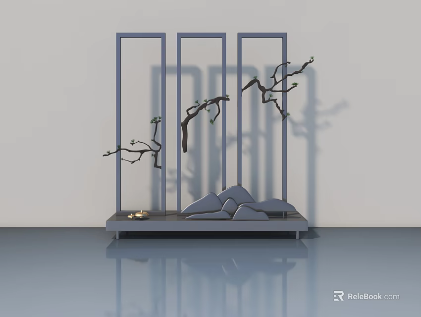 Three Blue Framed Hinged Doors With Branches Stones And Floor Reflection 3d model