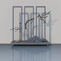 Three Blue Framed Hinged Doors With Branches Stones And Floor Reflection 3d model