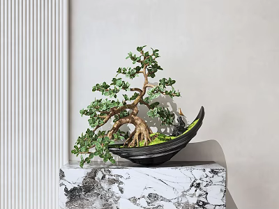Bonsai Plant With Curved Trunk Green Foliage On Black Pot Marble Stand 3d model