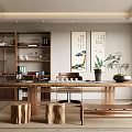 Traditional Chinese Tea Room Interior With Wooden Table Shelves Calligraphy Paintings And Green Plants