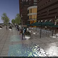 Vibrant Commercial Street with Paved Walkway Red Brick Buildings Green Umbrellas and Outdoor Dining Areas