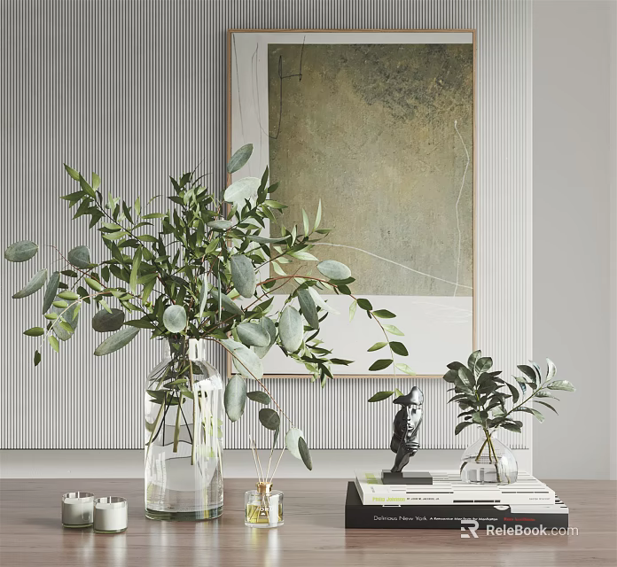 Modern Minimalist Decorative Ornament Set With Glass Vase Green Foliage Sculpture And Books 3d model 