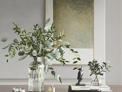 Modern Minimalist Decorative Ornament Set With Glass Vase Green Foliage Sculpture And Books 3d model