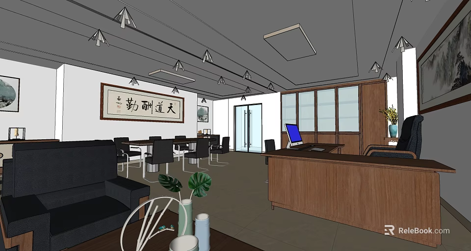 Contemporary Office Interior With Chinese Calligraphy Tables Chairs Sofa Computer Windows And Lighting 3d model