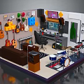 Music Themed Room Interior With Wall Mounted Guitars Drum Set Sofa And Workspace