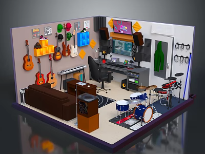 Music Themed Room Interior With Wall Mounted Guitars Drum Set Sofa And Workspace 3d model