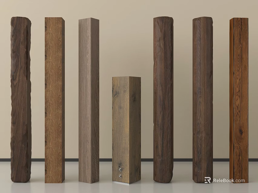 Decorative Wooden Columns With Various Textures For Home Interior Design 3d model 