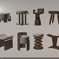 Assorted Modern Wooden Sofa Stools With White Cushions And Unique Designs 3d model