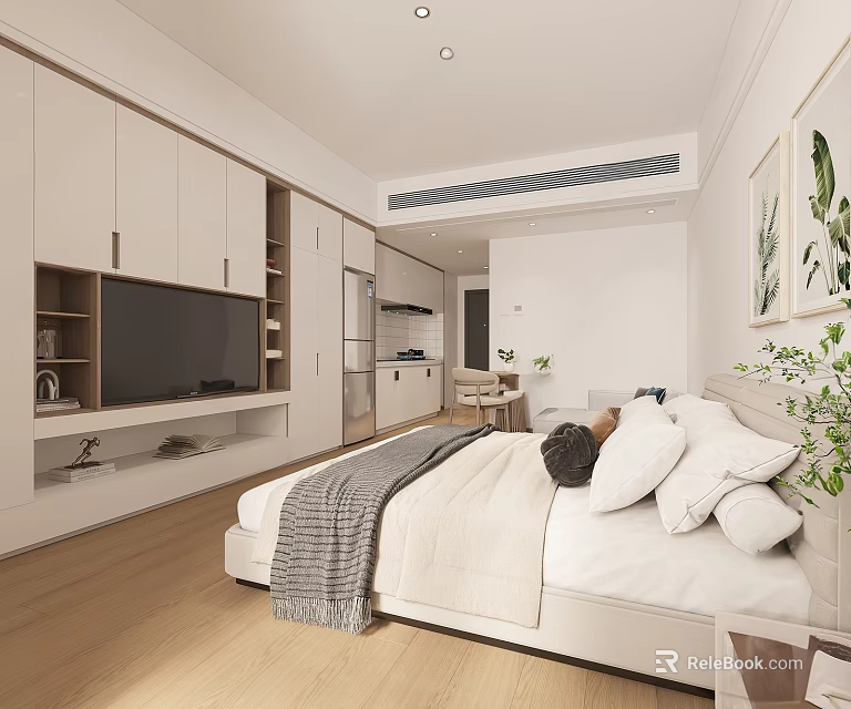 Modern Apartment Interior With Cozy Bed TV On White Cabinets Wooden Floor And Green Plants 3d model 