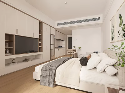 Modern Apartment Interior With Cozy Bed TV On White Cabinets Wooden Floor And Green Plants 3d model