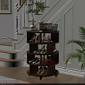 Multi Tiered Rotating Wooden Shoe Cabinet With Various Shoes And Green Plant