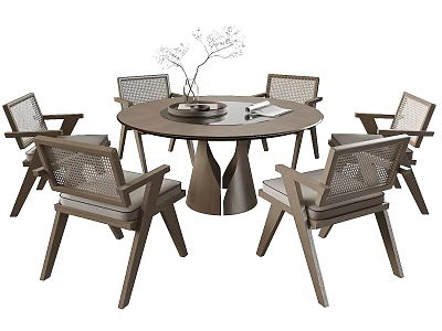 Modern Round Wooden Dining Table Set With Six Woven Chairs And Decorative Centerpiece 3d model