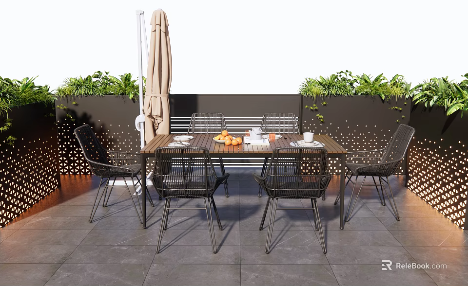 Outdoor Patio Table and Chair Set with Green Plants and Umbrella on Gray Tiles 3d model 