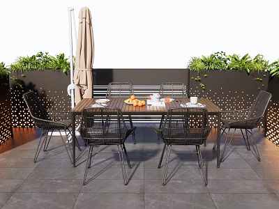 Outdoor Patio Table and Chair Set with Green Plants and Umbrella on Gray Tiles 3d model