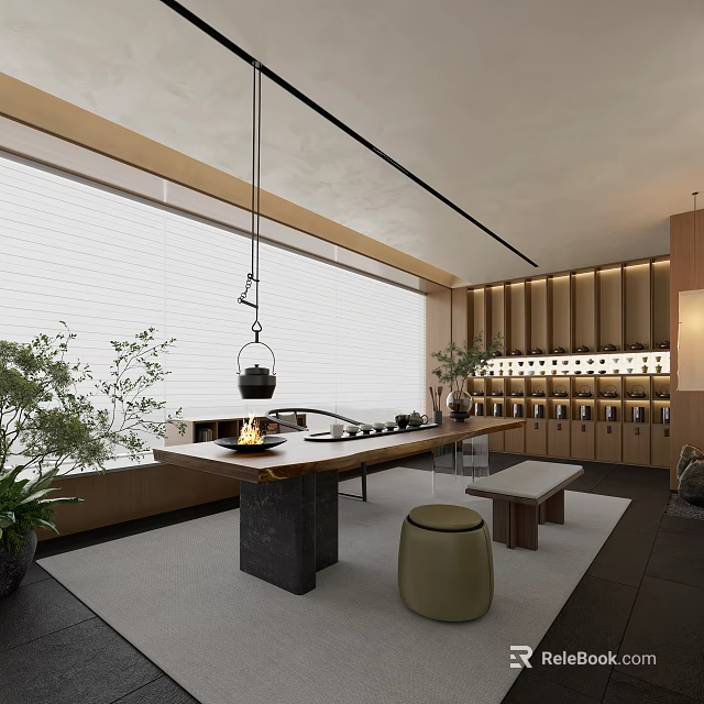 Traditional Tea Room Interior With Wooden Table Tea Sets And Hanging Lantern 3d model 